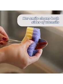 1个心形笑脸双层变温洗碗海绵，多功能不刮伤清洁垫，适用于厨房、客厅、汽车、玻璃等，卡通设计，速干耐用 - 彩色 - 查看 6