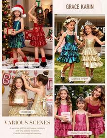 Girls Sequin Formal Dress Kids Party Special Occasion Fancy Gown Tie Back 3 Layer Prom Graduation Outfit - 玫紅色 - 查看 5