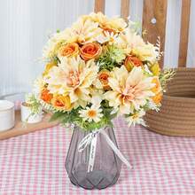 1束人造牡丹花束，搭配绣球花和大丽花，情人节礼物，生日派对装饰，婚礼花篮，新娘捧花，家居装饰，餐厅，卧室，窗台，花瓶装饰，新年装饰，户外花园，返校季 - 黃色6 - 查看 5