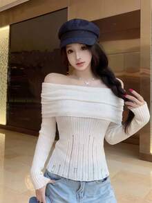 女士夏季露肩Y2K复古风长袖修身抓绒针织衫，优雅休闲甜美简约性感破东风纹理针织上衣，适合日常休闲、约会、周末聚会、返校季、街头时尚百搭上衣 - 杏色 - 查看 6