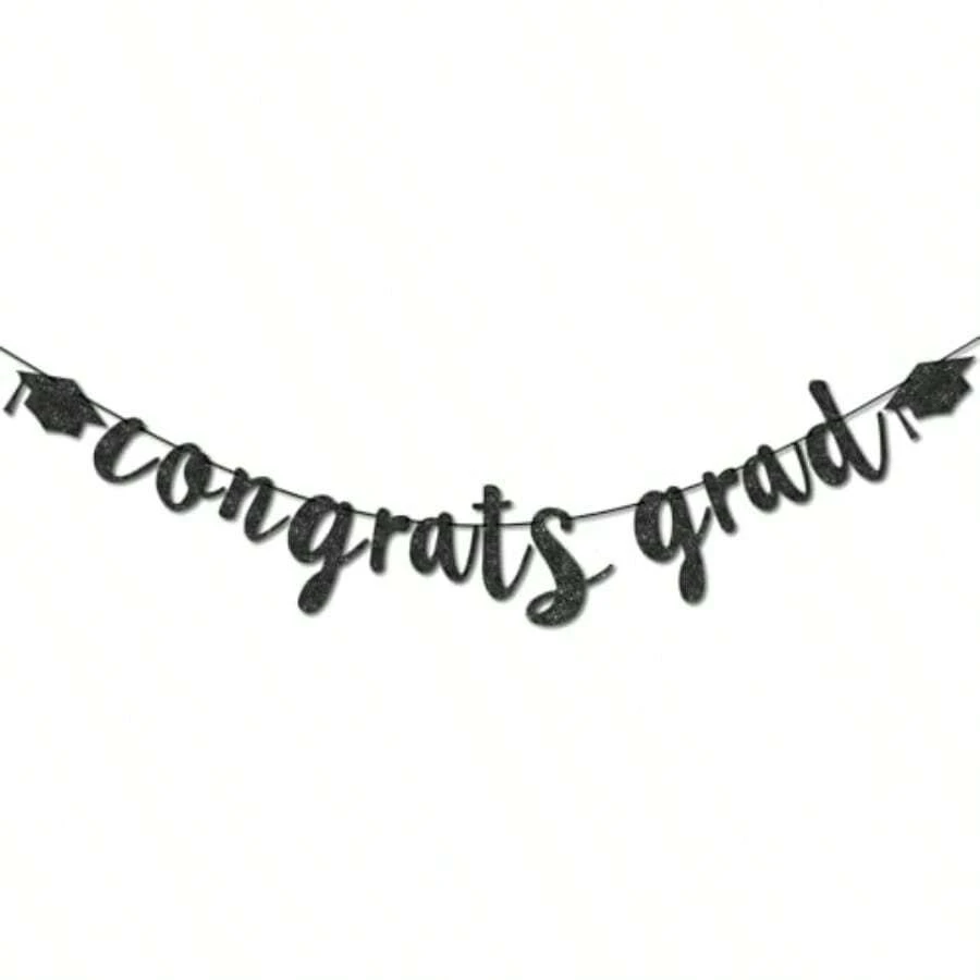 Congratulations Graduation Decorations Class Of 2026 Pre-Strung Black Glitter Congrats Grad Banner Grad Party Senior Colle High School Classroom Table Decor Hanging Garland Sign Favors Plies - Black - 查看 1