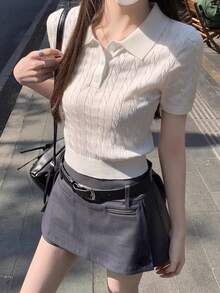 夏季新款女士独特精美 Polo 领针织短袖打底衫 白色 - 白色 - 查看 4