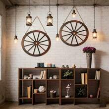 1件装木制牛仔车轮墙饰，西部牛仔派对装饰，复古乡村风格木轮装饰，适用于酒吧、车库、室内/室外装饰、家居装饰、房间装饰、卧室装饰 - 彩色 - 查看 1
