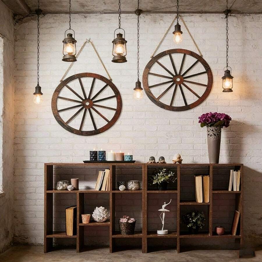 1件装木制牛仔车轮墙饰，西部牛仔派对装饰，复古乡村风格木轮装饰，适用于酒吧、车库、室内/室外装饰、家居装饰、房间装饰、卧室装饰 - 彩色 - 查看 1