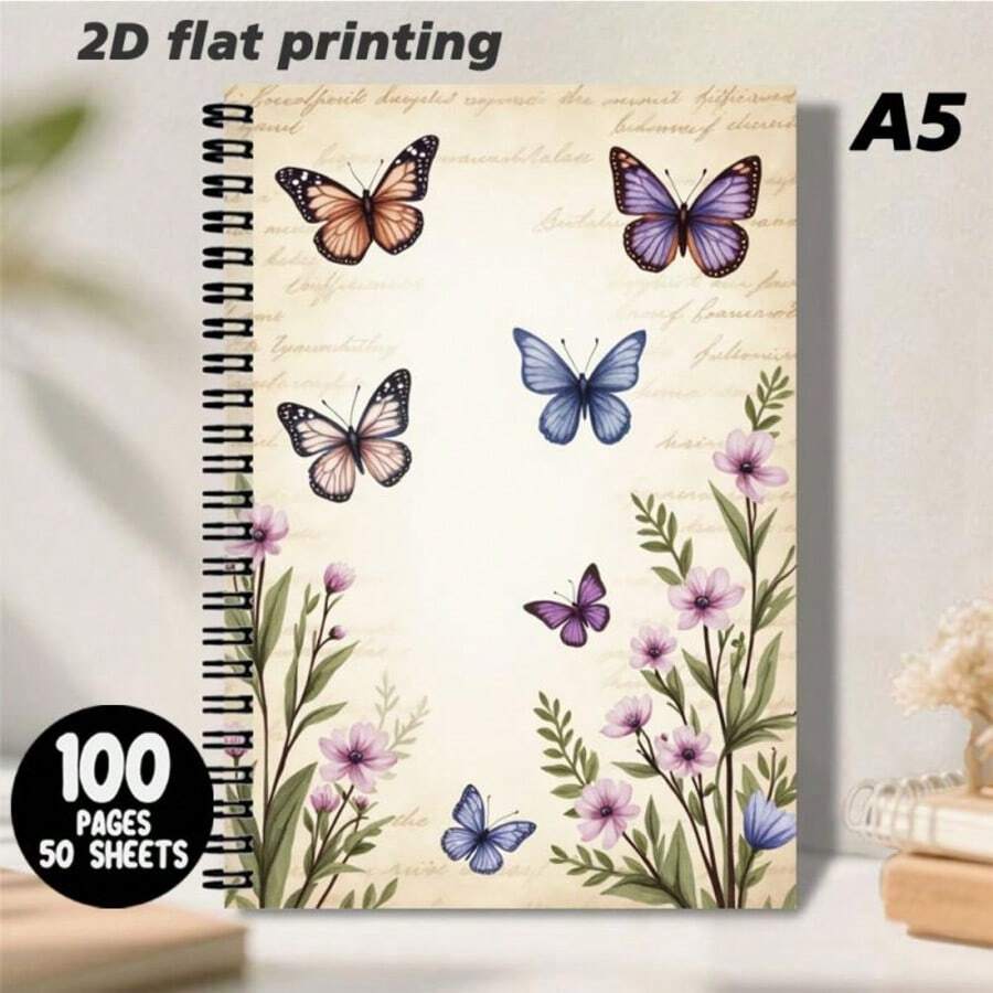 1本A5尺寸复古风格螺旋装订横线笔记本，封面饰以灵动的蝴蝶和盛开的花朵，清新优雅，营造诗意的书写氛围。优质纸张，光滑不洇墨，适合日常笔记、日记等各种用途，是提升书写体验的实用好物。 - M - 查看 1