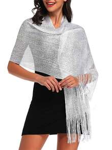1pc White Metallic Shiny Shawl, Elegant Lightweight Breathable Tassel Scarf, Women's Party Dress Outerwear,Beach,Holiday,Accessories,Travel Essential - White - View 2