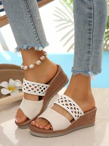 Women's New Fashion Lightweight & Comfortable Wedge Sandals, Summer Beach Vacation Open Toe Slippers, Suitable For Daily Wear, Vacation, Party, Home - Beige - View 2