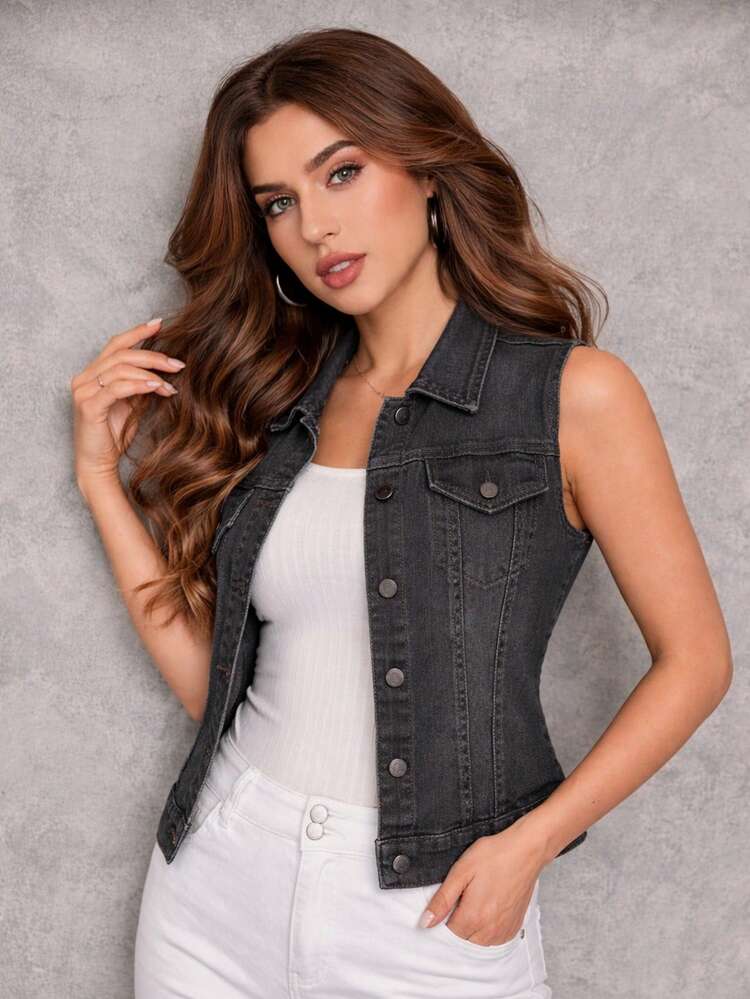 SPECKTER Chaleco Vaquero Informal sin mangas para mujer, con cuello, botones y bolsillos, largo regular. - Gris Oscuro - Añade 1