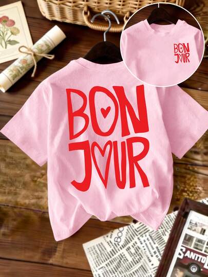 Plus Size Round Neck Short Sleeve T-Shirt With Bonjour Graphic Print High Stretch Regular Fit Top