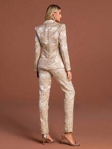 Chic Women's Two Pieces Suit With Lapel Collar Blazer And Matching Trousers, Featuring Exquisite Floral Pattern And Regular Sleeves - Apricot - View 2