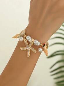 1 chiếc vòng tay thủ công kiểu Boho làm từ hợp kim kim loại hình sao biển và đính hạt ngọc trai giả, thích hợp để đeo hàng ngày và đi du lịch biển. - Nhiều màu - Xem 2