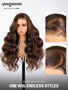 MEGALOOK 无胶13x6 Three-Go™蕾丝前假发，18-30英寸真人发，自然波浪卷，巧克力棕色，预漂白，预拔毛，预剪蕾丝，融合蕾丝，自然发际线，适合新手日常佩戴 - S4 - 查看 8