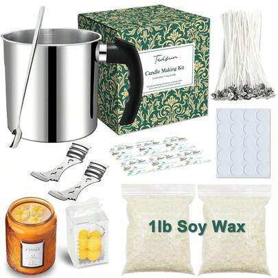 304不锈钢蜡烛熔化锅套装，包含1磅大豆蜡片、熔化锅、纯大豆蜡片（适用于蜡烛、茶蜡和各种蜡的熔化），适合初学者和成人蜡烛制作。