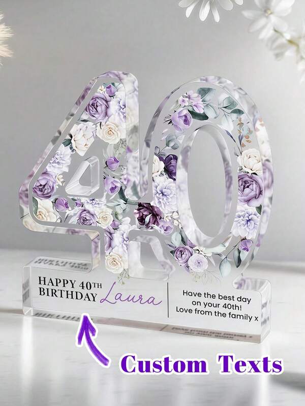 OBOVAY 1pc Customized Floral Text Acrylic Number Plaque, Personalized Name & Info Desktop Decor, Customized Age Acrylic Milestone Birthday Gift For Her, Pink Floral Print Transparent Stand, Unique Birthday Present, Centerpiece Decor, Floral Acrylic Decoration, Commemorative Gift For Mom/Grandma