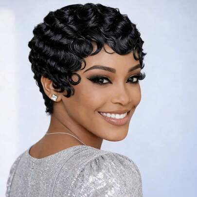 10.16cm (4 Inch) Brazilian Remy Human Hair Wig, Natural Curly Pixie Cut, Finger Wave Texture, Glueless Machine Weft Wig, Suitable For Women, Perfect For Parties And Holidays, Basic No Lace Human Hair Wig