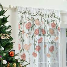 2 tấm rèm voan họa tiết dây leo hoa hồng màu hồng, in phẳng 2D, phong cách cổ điển trang nhã, phù hợp cho phòng ngủ và phòng khách, có thể treo bằng thanh rèm. - Nhiều màu - Xem 6