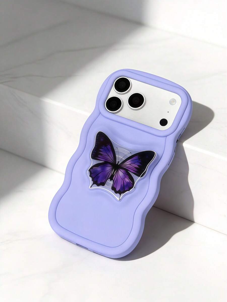 1个创意INS蝴蝶透明气垫支架波浪边极简大孔手机壳，兼容苹果7/8/X/XR/XSMAX/11/12/13/14/15/16/17 Pro Max，兼容三星A14/A15/A16/A17/A04/A05/A06/A07/A54/A55/A56/A34/A35A/36/S25/S25Plus/S25Ultra，兼容A54，兼容MOTO G13/14/15，柔软全包手机壳，国际版，非国内版 - 波浪紫色 - 查看 1