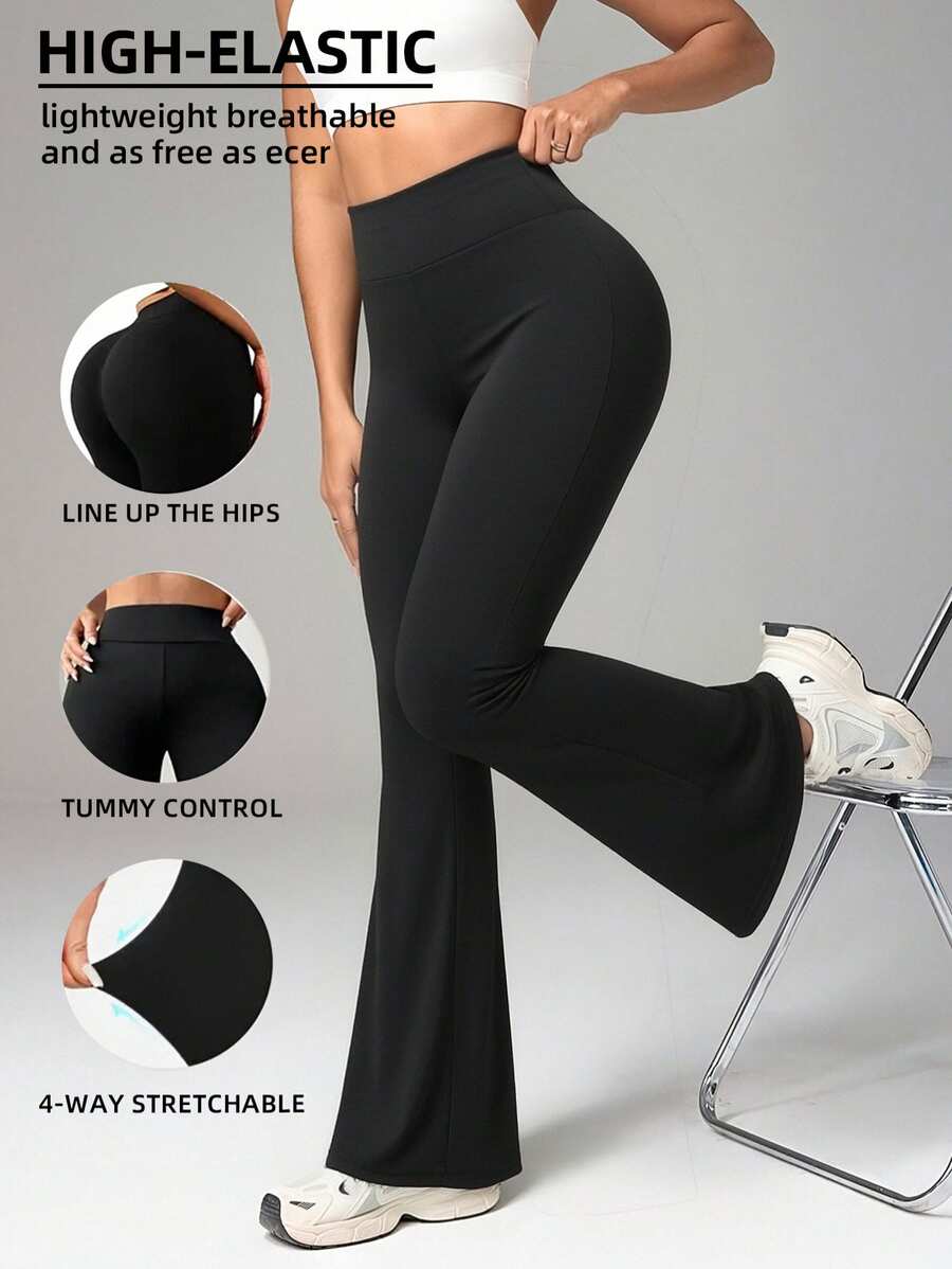 高腰喇叭瑜伽裤，女士弹力喇叭裤 - 黑色 - 查看 1