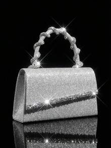 Bolsa de mão mini quadrada de luxo com lantejoulas brilhantes, bolsa de ombro feminina moderna com corrente e decoração de strass, conjunto perfeito para combinar com colar, brincos e pulseira de strass, ideal para festas, banquetes e encontros. - Prata - Ver 9