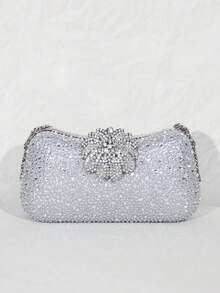 银色亮片水晶花朵手拿包 – 晚宴链条单肩包 - 銀色 - 查看 3