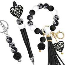 28pcs Silicone Beads, Black & White Bowknot Heart Rose Floral Print Design, Suitable For Jewelry Making, DIY Bracelets, Lanyards, Beaded Pens, Holiday Decorations And Crafts - Ideal Birthday, Spring/Summer, Father's Day, Mother's Day Gift Accessories - Beading Kit, Beading Supplies - 28pcs - View 4