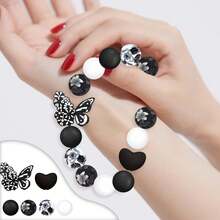 28pcs Silicone Beads, Black & White Bowknot Heart Rose Floral Print Design, Suitable For Jewelry Making, DIY Bracelets, Lanyards, Beaded Pens, Holiday Decorations And Crafts - Ideal Birthday, Spring/Summer, Father's Day, Mother's Day Gift Accessories - Beading Kit, Beading Supplies - 28pcs - View 8