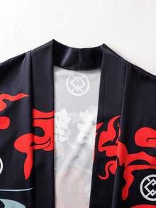 Bata con estampado de máscara de demonio Prajnaparamita de manga 3/4, Cárdigan suelto y oscuro indiferente para protección solar, Chaqueta kimono para hombres - Negro - Ver 5