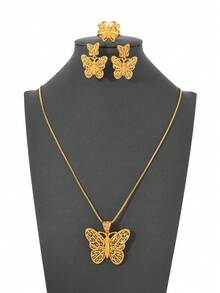 Juego de joyería de 3 piezas con estilo árabe saudí, chapado en oro, con mariposa hueca, 1 collar, 1 anillo, 1 par de aretes, regalo para familiares y amigos - Amarillo Oro - Ver 2