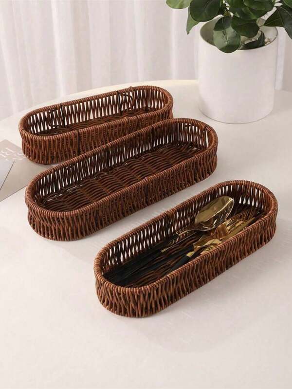3 piezas/1 pieza Cesta de almacenamiento de cubiertos de ratán, caja de almacenamiento