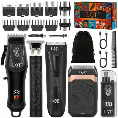 LQT 男士理容工具套装（5件/4件/1件） - 无绳理发器、胡须修剪器、体毛修剪器、电动耳鼻毛修剪器和电动剃须刀，一套完整的理发、胡须、鼻毛和私处毛发修剪工具，USB充电，配件齐全，是节日和父亲节的理想礼物。