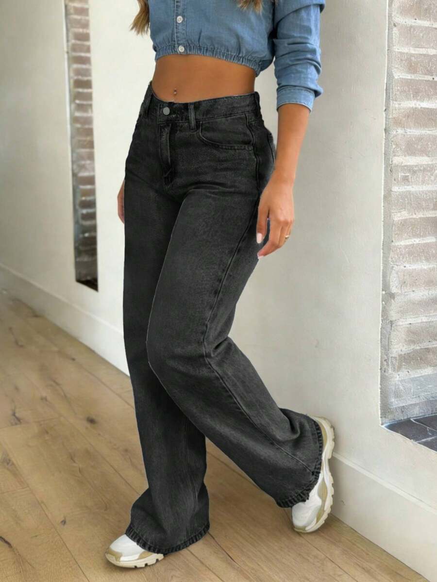 Women's Casual Washed Straight-Leg Jeans - Black - View 1