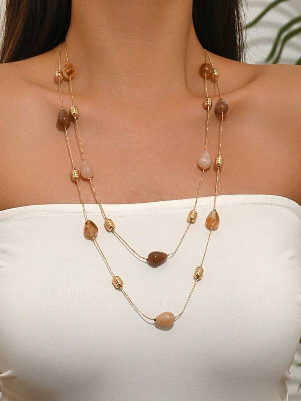 1pc Fashion Elegant Bohemian Dopamine Rainbow Color Beads Gold Chain Layered Multi-Layer Necklace, Water Drop Shape Triangle Round Asymmetrical Irregular DIY Handmade Spliced Women's Layered Jewelry Necklace, Suitable For Daily Wear, Valentine's Day, Party, Vacation, Beads Pattern And Color Random, Material Entry Point Is Normal