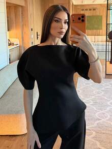 女士不对称下摆泡泡袖衬衫，黑色圆领，新款时尚优雅女士夏季服装 - 黑色 - 查看 6