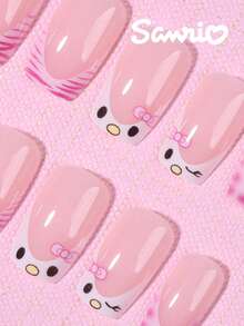 SANRIO 24片短方形3D豹纹法式美甲贴片，带有可爱蝴蝶结装饰设计，粉嫩少女风，完美适配亚克力假指甲套装，包含1片果冻胶和1个指甲锉，适合女性和女孩日常、派对和聚会使用。 - 彩色 - 查看 4