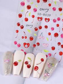 2片装 5D 红粉色樱桃果冻浮雕夏季美甲贴纸，可爱日式美甲饰品，自粘樱桃美甲配件，适合女性和女孩，沙龙DIY - 彩色 - 查看 4
