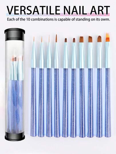 Bộ 10 cọ vẽ móng nghệ thuật kèm hộp đựng, cán màu xanh kim tuyến, dụng cụ vẽ móng nghệ thuật dùng cho sơn gel, tạo chi tiết, kẻ viền, đắp acrylic. Mỗi một trong 10 bộ cọ đều có thể sử dụng riêng lẻ.