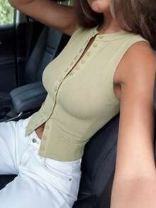 Camiseta de mujer de cuello redondo sin mangas con botones delanteros, estilo Y2K, para verano - Albaricoque gris - Ver 1