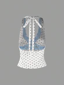 Camiseta de tirantes corta de mujer, top corto de verano con estampado de lunares y encaje, con lazo delantero, adecuado para uso diario, fiestas y citas informales, color blanco - Blanco - Ver 6