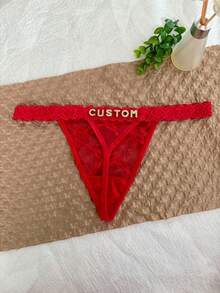 Quần lót thong chữ pha lê in tên tùy chỉnh, quần bikini ren cá nhân hóa cho nữ, quần lót tam giác T-Back, quà tặng cho bạn gái - Đỏ - Xem 4