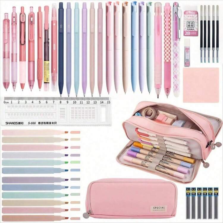 50件套莫兰迪文具套装，大容量铅笔盒，7支黑色圆珠笔，6支莫兰迪0.5毫米彩色笔，6支莫兰迪0.5毫米自动铅笔，12支渐变荧光笔，便签本，橡皮擦，尺子，可爱办公学习用品，男女通用礼物，返校季好礼 - B - 查看 13