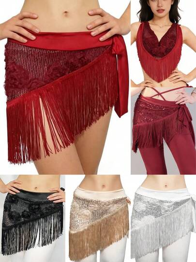 1pc Women's Belly Dance Outfit 3D Rose Adjustable Hip Scarf With Tassels, Oriental Stage Jazz Dance Waist Chain Shining Dance Costume For Rave Carnival Performance. Suitable For Festivals, Parties, Nightclubs, Beach Wear, Exotic Clothing Decoration, Bohemian, Retro Style.