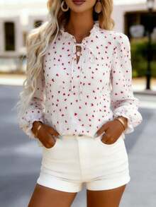 Elegant Women's Tops Notched Neck Frill Detail Long Regular Sleeve Semi-Sheer Woven Fabric Blouse - Red - View 1