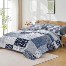 Patchwork Quilt Set Queen Size Floral Boho 3 Pcs Soft Bed Cover Bedding Set Rustic Blue Farmhouse Lightweight Bedspread Coverlet with 2 Pillow Shams for All Season - Flores azules - Ver 3