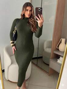 Ribbed Dress With Elegant Sleeves, High-Quality Modal Fabric, Autumn/Winter 2026. - 軍綠色 - 查看 1