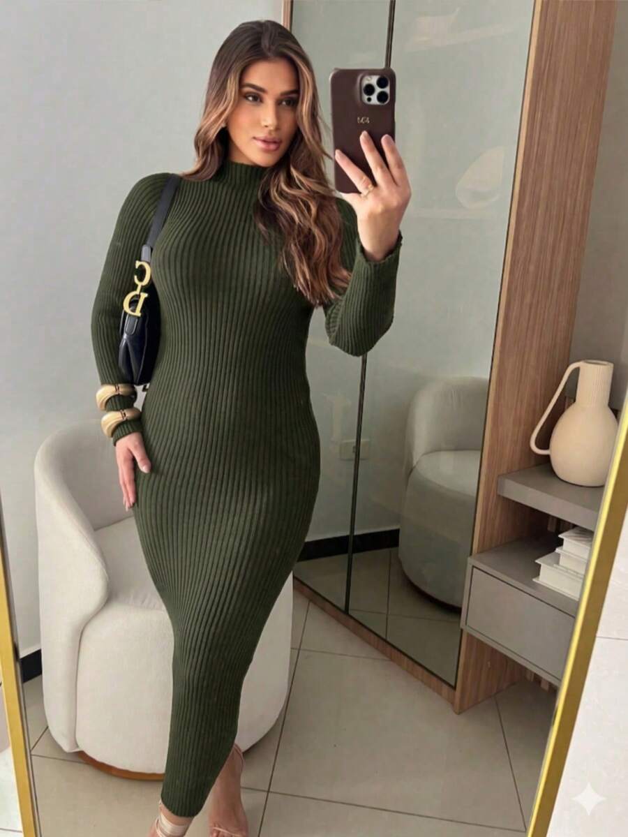 Ribbed Dress With Elegant Sleeves, High-Quality Modal Fabric, Autumn/Winter 2026. - 軍綠色 - 查看 1