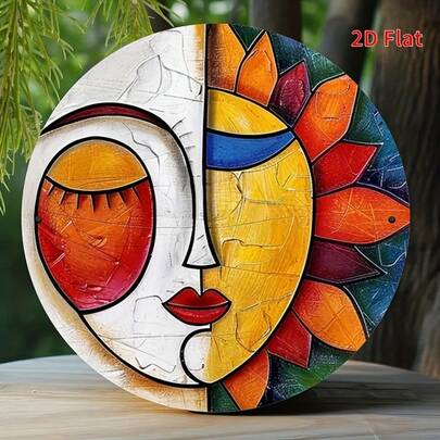 2D平面印刷抽象日月金属墙饰 - 8x8英寸铁艺家居装饰牌 - 防风雨嬉皮风格装饰 - 高清纹理印刷 - 白色，2D平面，适合房间装饰，预钻孔，款式和尺寸如图所示