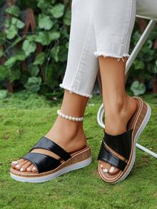 2026新款女士凉鞋，夏季新款厚底坡跟凉鞋，女士交叉绑带沙滩凉鞋，透气平底设计，夏季休闲度假必备，宽楦设计 - 黑色 - 查看 5