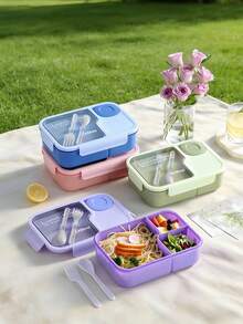1pc Microwave- Bento Box With Utensils, Fruit Lunch Box, Student/Office/Outdoor Meal Box With 3 Compartments - Multicolor - View 3