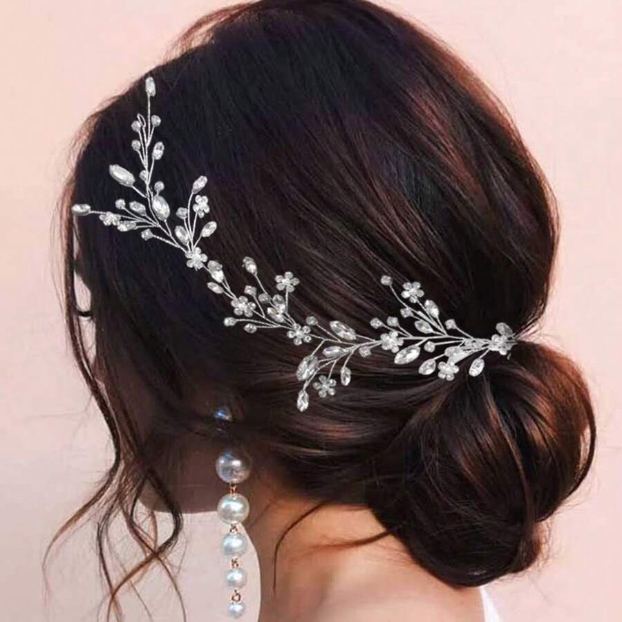 1pc Elegant Floral Crystal Handmade Hair Chain, Suitable For Wedding, Party, Gathering,Summer,Beach - Silver - View 1