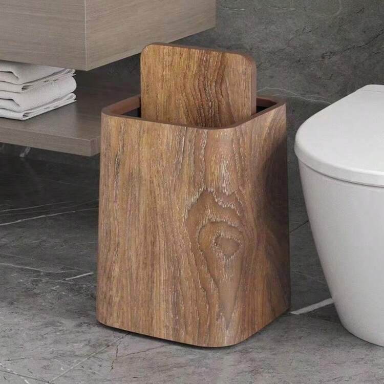 Faux Wood Grain Bathroom Trash Can, Compact & Durable Plastic Garbage Bin With Built-In Handle, Easy To Clean, Rust-Resistant, Space-Saving Design, Suitable For Bathroom, Laundry Room And Small Home Office - Multicolor - View 10